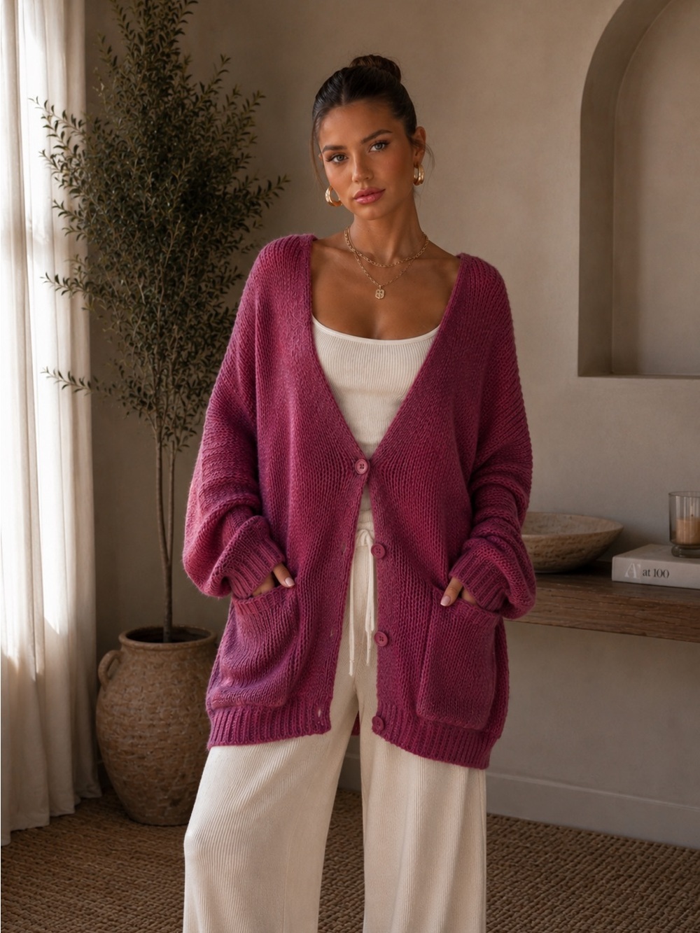 Easel Raspberry Slouchy Knit Cardigan Sweater Soft Oversized New S-L ET21418 - Picture 2 of 8